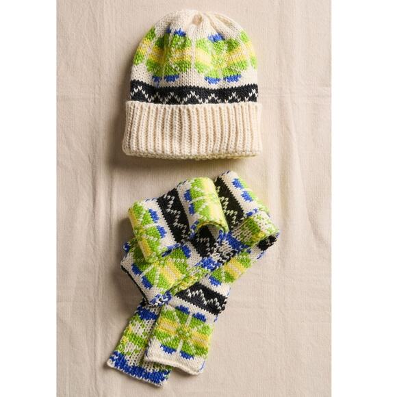 Free People Northern Lights Beanie + Scarf Hat Ivory Green Blue Yellow Black